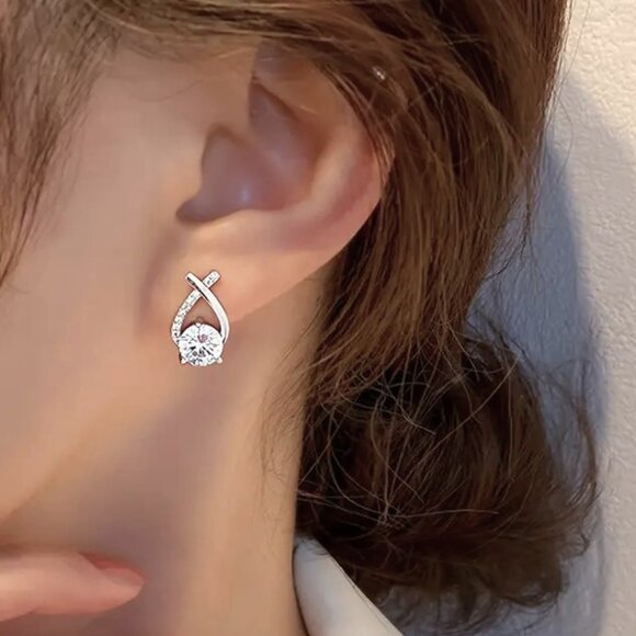 Earrings Rhinestone Criss Cross Teardrop Pierced Classy Minimalist Silver Glam - Picture 3 of 4